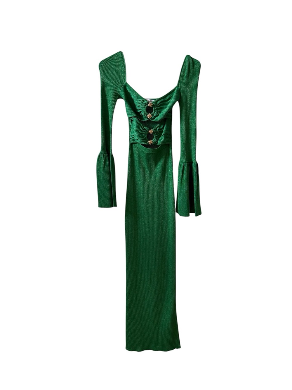 SELF PORTRAIT Cutout Ribbed Knit Lurex Midi Dress in Green Sz S - Picture 5 of 9